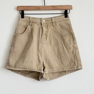 Princess Polly Khaki Denim Shorts High Waist Pleated Pockets Zip Size 2